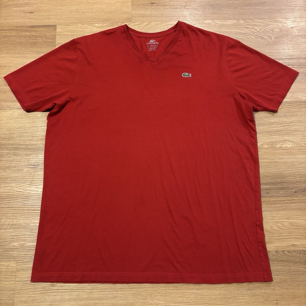 Lacoste Shirt Mens 8L Red Regular Fit V Neck Pima Cotton Performance T-Shirt